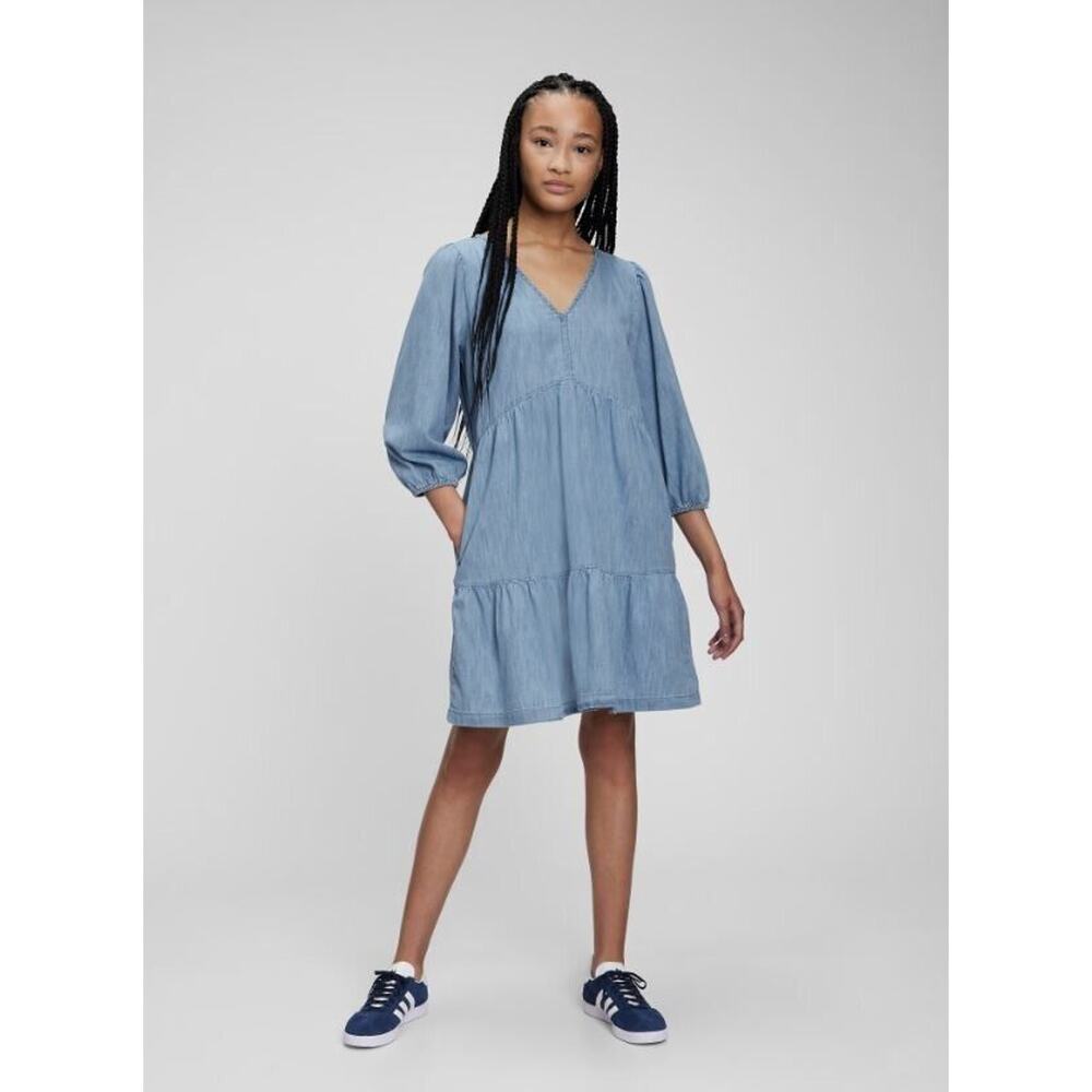 GAP Babydoll Tiered Chambray Mini Dress Prairiecore Country Coastal Cowgirl Sz M